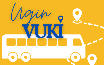 Keltaisella pohjalla valkoinen graafinen bussi ja teksti: "Ugin vuki"