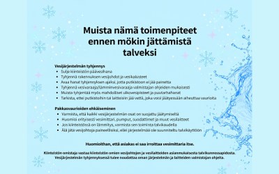Kuvassa muistilista mökin vesijärjestelmän tyhjentämiseksi ja pakkasvaurioiden ehkäisemiseksi.