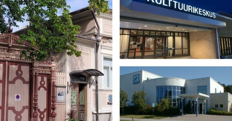 vanha vaaleanpunainen museotalo, kulttuurikeskuksen talo sekä uimahallin kuva ulkopuolelta