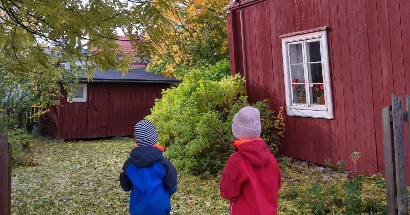 Lapset katselevatsyksyistä pihaa