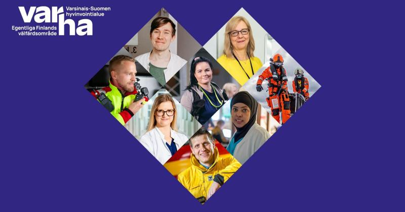 Varsinais-Suomen hyvinvointialue banneri, sosiaali- ja terveysalan henkilöstön kasvokuvia.