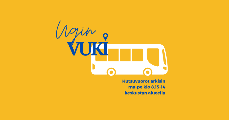 Ugin vuki, eli Uudenkaupungin joukkoliikenne, kuvassa logo sekä teksti: Kutsuvuorot arkisin ma-pe klo 8.15-14 keskustan alueella