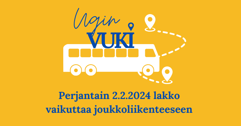 Perjantain 2.2.2024 lakko vaikuttaa joukkoliikeneeseen -teksti ja kuva linja-autosta.