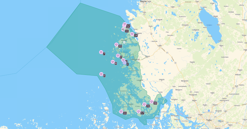 Kuvakaappaus karttapohjaisen kyselytutkimuksen tuloksista, paikkoja merkitty kartalle