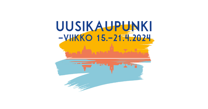 Koristeellinen kuva, jossa lukee "Uusikaupunki-viikko" ja päivämäärät. Tekstin taustalla Uudenkaupungin siluettia oranssin, punaisen ja turkoosin sävyin.