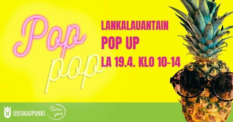Pop up -teksti ja ananas keltaisella pohjalla.
