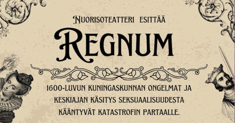 Vanhalta pergamentilta näyttävä tausta, jossa mustaa tekstiä, sekä kuva aatelisnaisesta ja kuninkaasta