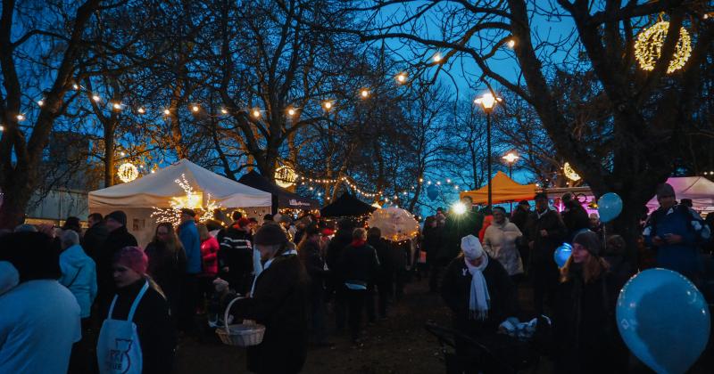 Ihmisiä katsomassa Hehkun ohjelmaa valaistussa Rauhanpuistossa.