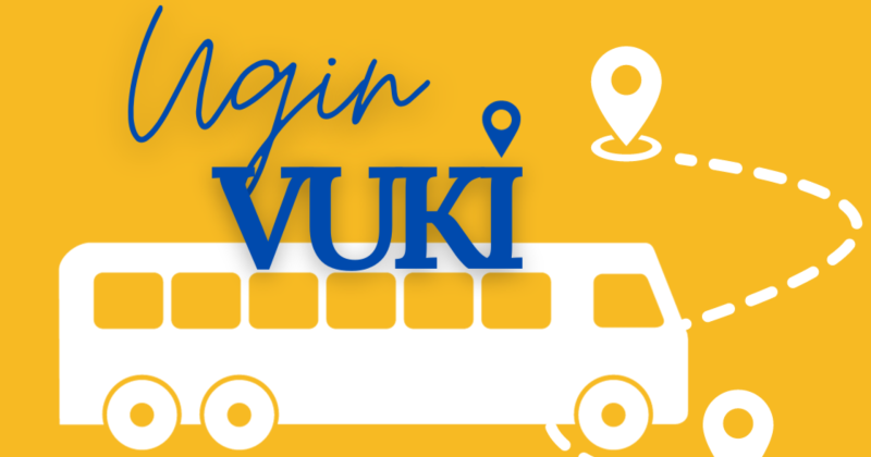 Keltaisella pohjalla valkoinen graafinen bussi ja teksti: "Ugin vuki"