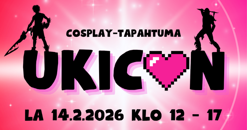 Pinkki tausta, jossa edessä musta teksti "Ukicon" ja päivämäärä la 14.2.2026.