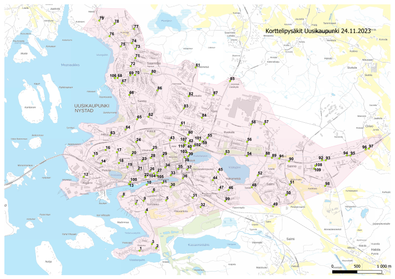 Vukin korttelipysäkit kartalla voimassa 24.11. alkaen