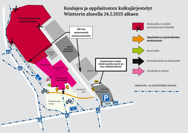 Purkutyömaan aikaiset liikennejärjestelyt monitoimijatalo Wintterissä. Purkutyömaan aikaiset liikennejärjestelyt monitoimijatalo Wintterissä.