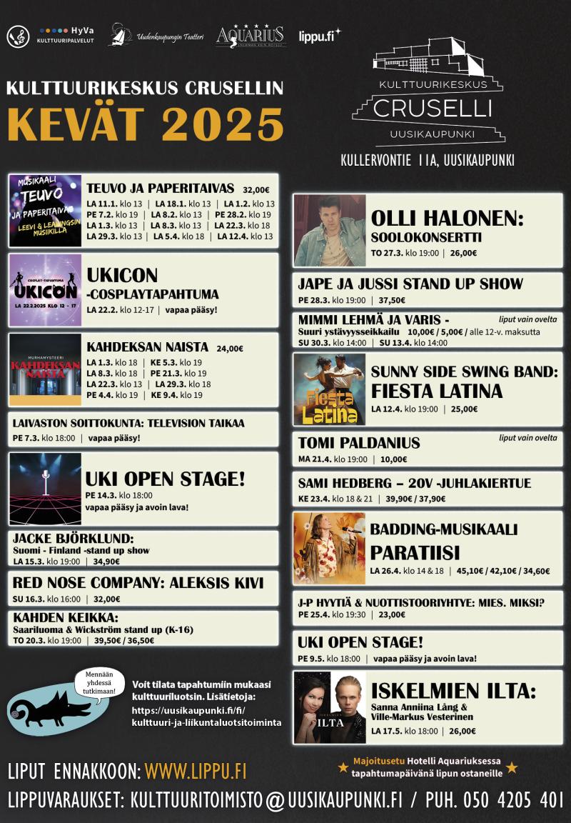Juliste, jossa näkyy kulttuurikeskus Crusellin kevään 2025 tapahtumalistaus.
