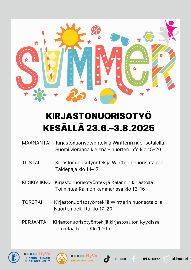 Kirjastonuorisotyön kesän aikataulu.