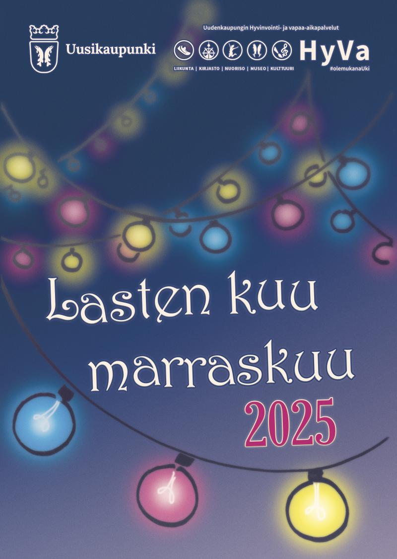 Erivälisiä hehkulamppuja tummaa taustaa vasten. Keskellä teksti: "Lasten kuu marraskuu 2025".
