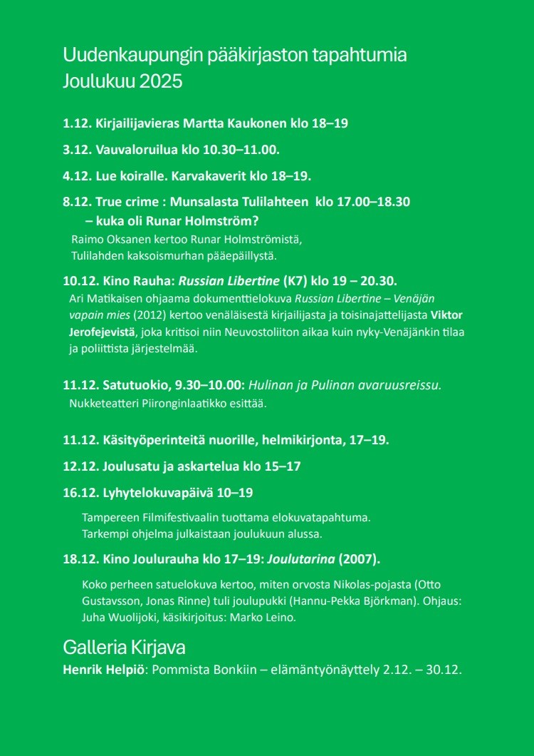 Pääkirjaston tapahtumalistaus joulukuu 2025