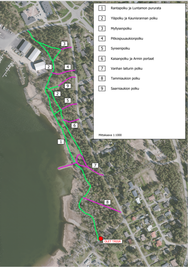 Kuvassa on kartta ja historiasta kertovia polkujen nimiä.