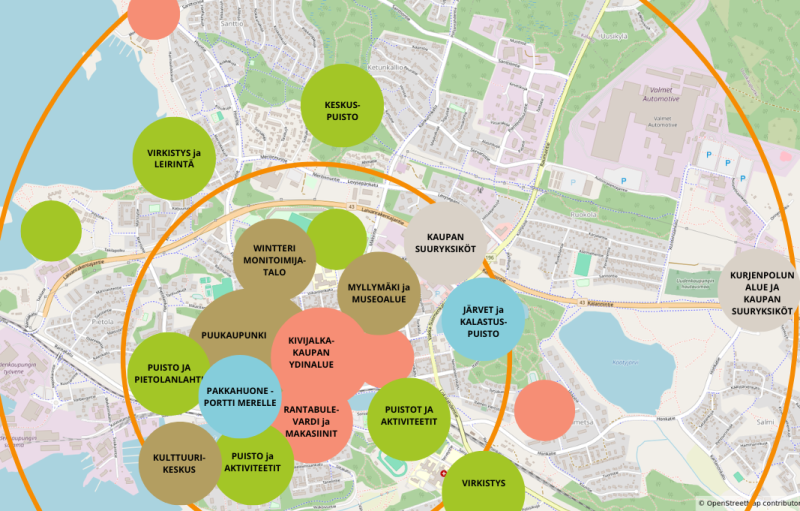 Kartta jossa on merkittynä keskusta-alueen vyöhykkeitä